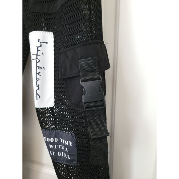 Black Mesh Streetwear Hip Hop Patchwork Cargo Pants w/ Buckle Detail Unisex Sz M - Picture 9 of 12